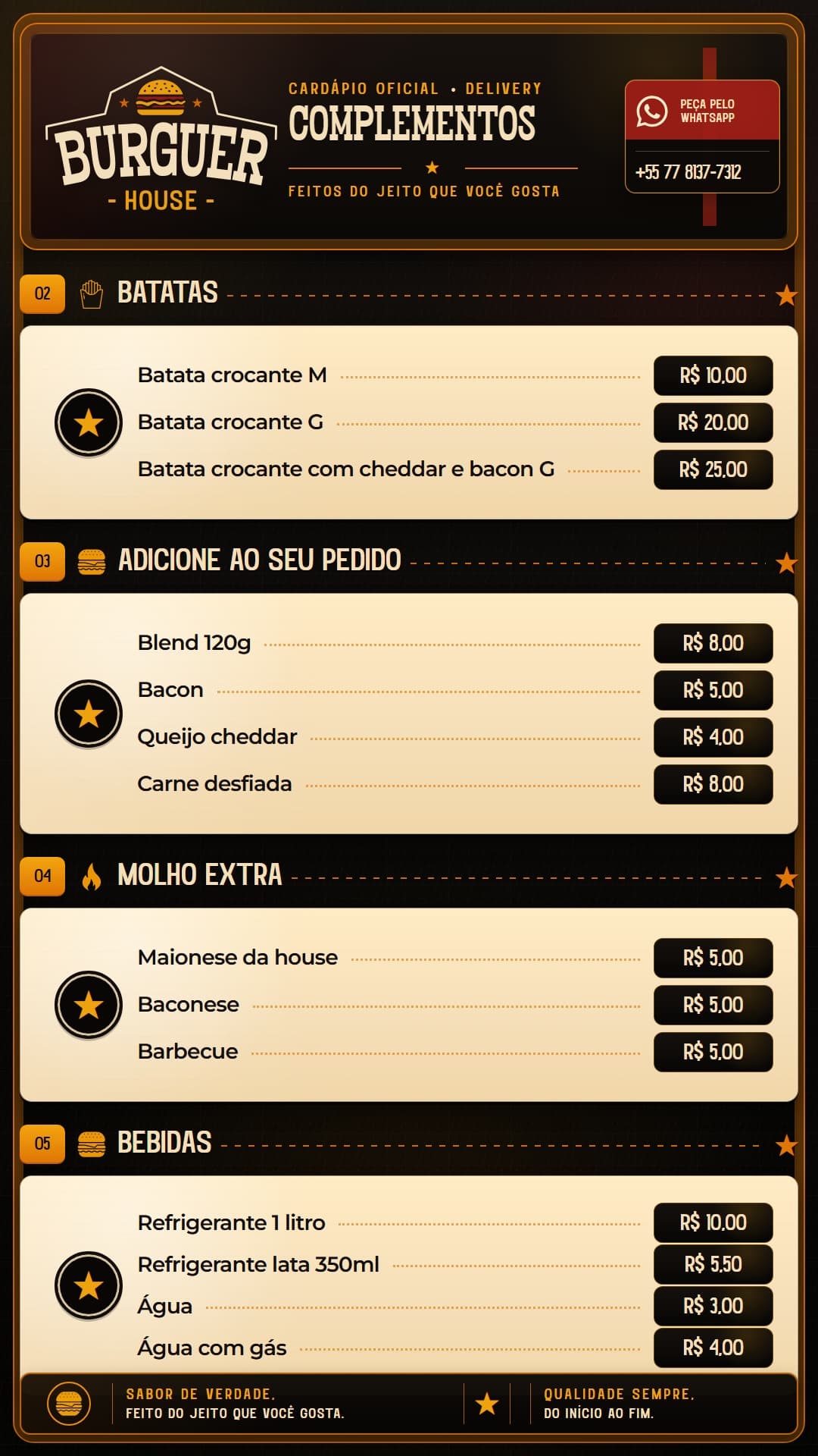 Cardápio oficial Burguer House com batatas, extras, molhos e bebidas
